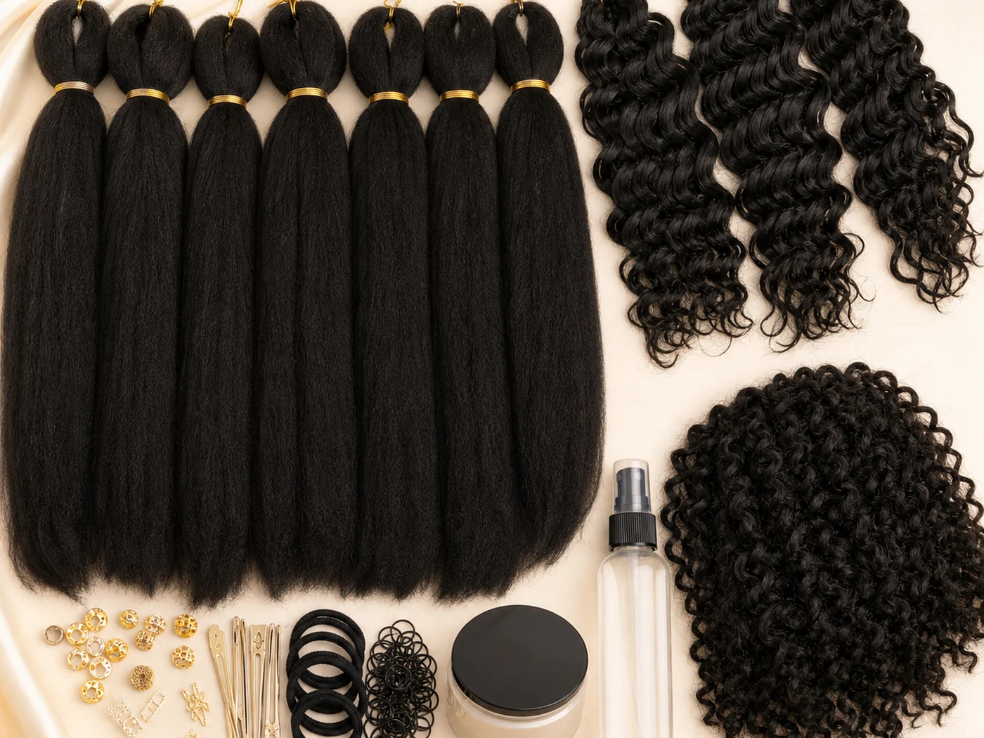 Boho braid kit with braiding hair, curly pieces, and care items