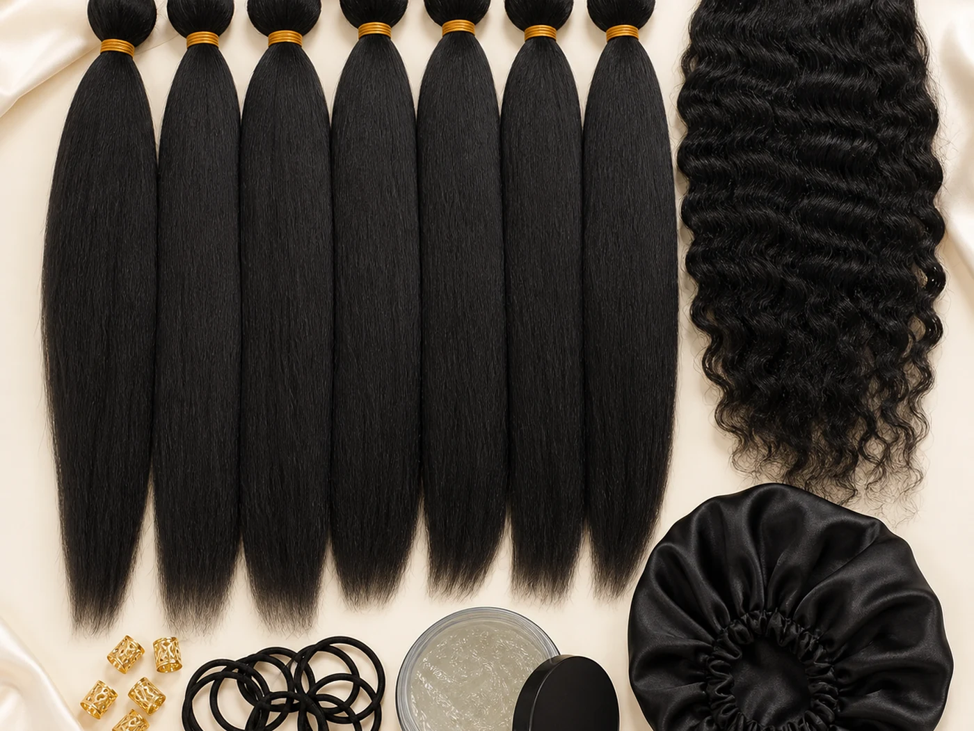 Braiding hair kit with natural black braiding hair and care accessories